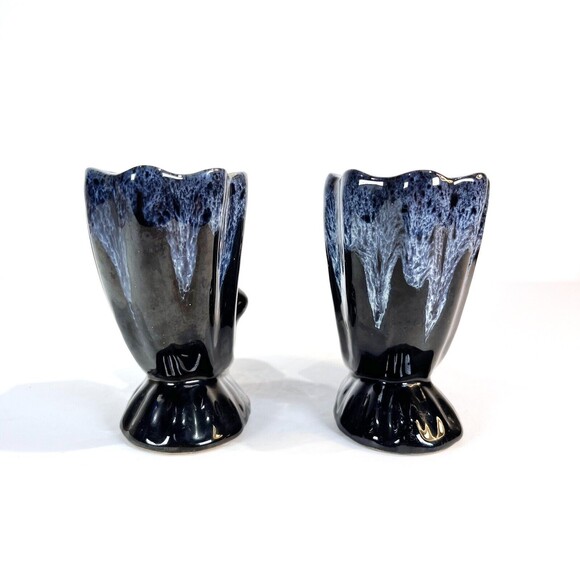 Anna Van Briggle Pottery BLACK Drip Horn Cornucopia Candle Holder Pair RARE VTG - Picture 7 of 12